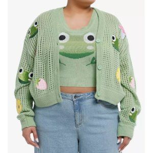Thorn & Fable Frog Mushroom Flower Girls Crop Tank Top & Cardigan Set Plus Size